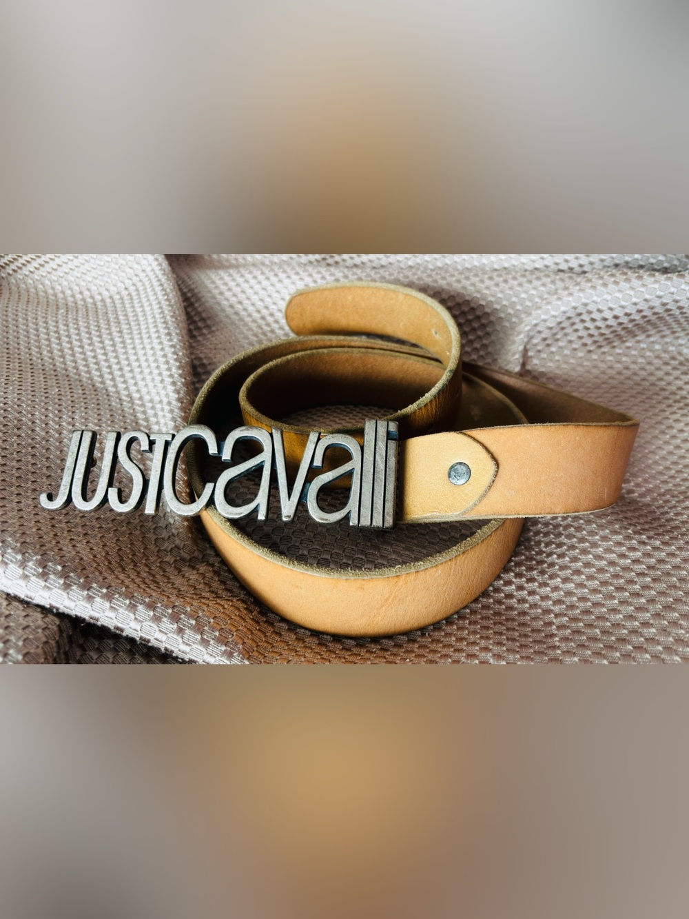 Just Cavalli Leather Men’s Belt with Silver-tone Logo Buckle - Tan